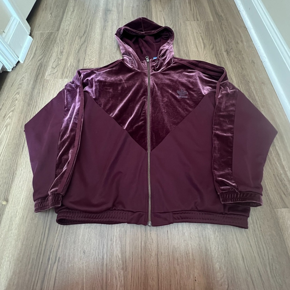 Adidas Velvet Vibes Hooded Track Jacket Women M Maroon Velour Trefoil Y2K